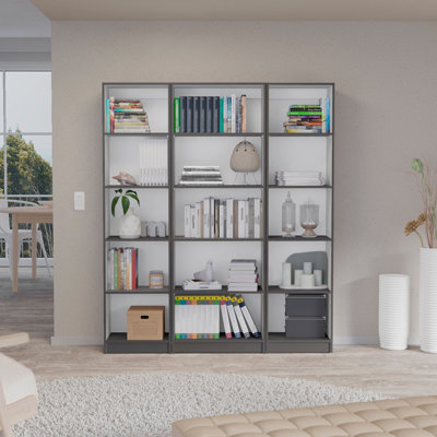 3 Piece Home Bookcase Set, 60" Wide With 15 Shelves ,  Living Room Set Set Matt Gray - White