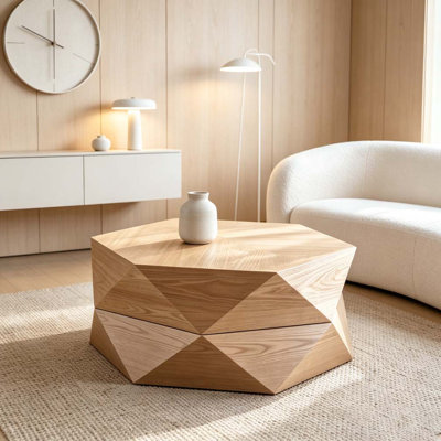 Table basse 36,61 po style rétro Polygon, table basse cylindrique en placage de bois massif