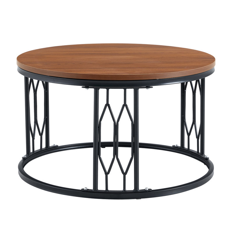 Table basse ronde en noyer de 27,5 pouces avec base en métal rustique industrielle en diamant pour le salon et le bureau