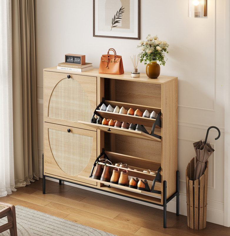 Space-Saving Rattan Shoe Cabinet with 4 Flip-Down Doors – Elegant Narrow Storage for Entryways & Hallways
