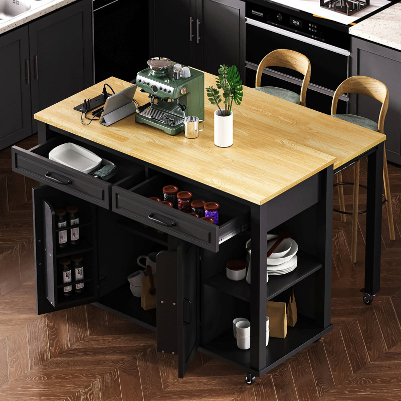 Îlot de cuisine extensible avec table de salle à manger, placage en bois d'hévéa, rangement interne et prises de courant pour les cuisines modernes
