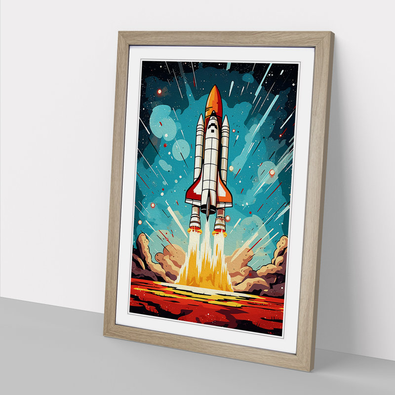 Spaceship Pop - Single Picture Frame Print on Wood, 64cm H x 46cm W x 2cm D, Oak