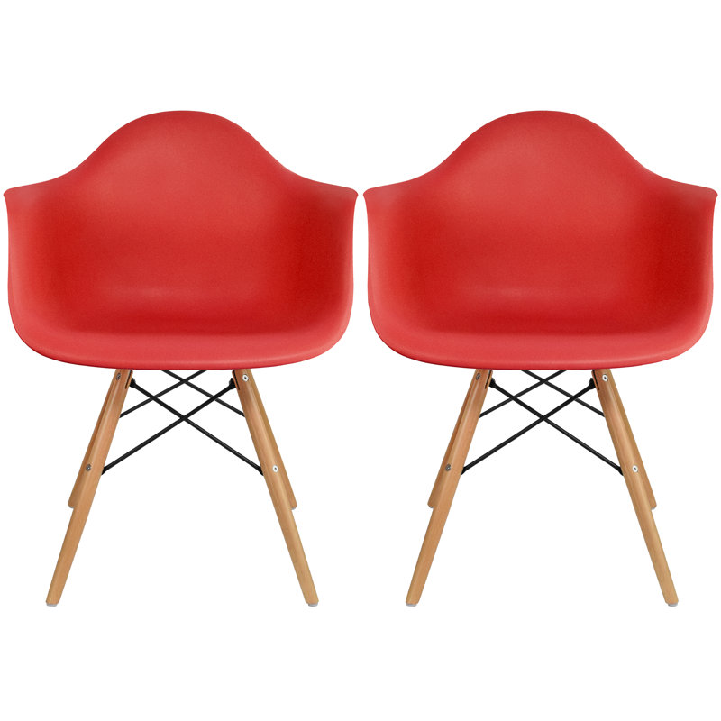 Set of 2 Mid Century Modern Dining Arm Chair with Wooden Dowel Legs, Red/Natural