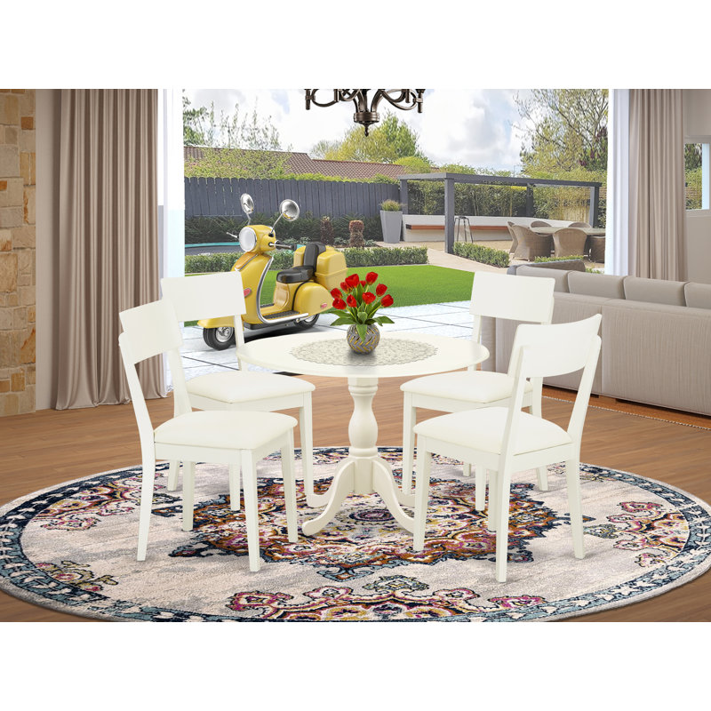 5 Piece Dining Table Set for 4 Includes a Round Kitchen Table with Dropleaf and 4 Faux Leather Upholstered Dinette Chairs, Linen White