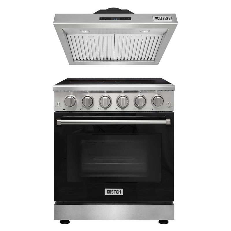  KOSTCH 30 inch Electric Range with 30 inch Wall-Mounted Range Hoods Set, 5 Heating Elements Cooktop Stove, 4.55 Cu. Ft Oven, in Stainless Steel