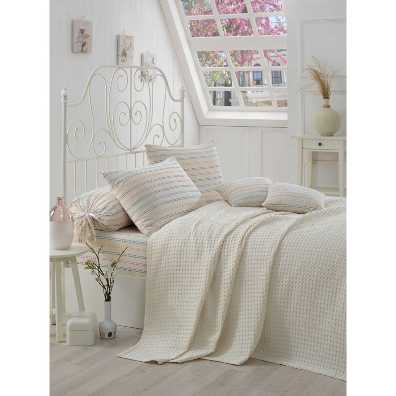 Ensemble de couvre-lit 100% coton 4 pièces Erela, Crème, Couvre-lit 63 po x 93 po + 3 pièces supplémentai