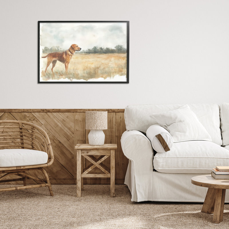 Retriever Dog in Open Field, giclée encadrée, design par Petal Prints Design, H 16 po x l 24 po, Giclée encadrée noir minuit