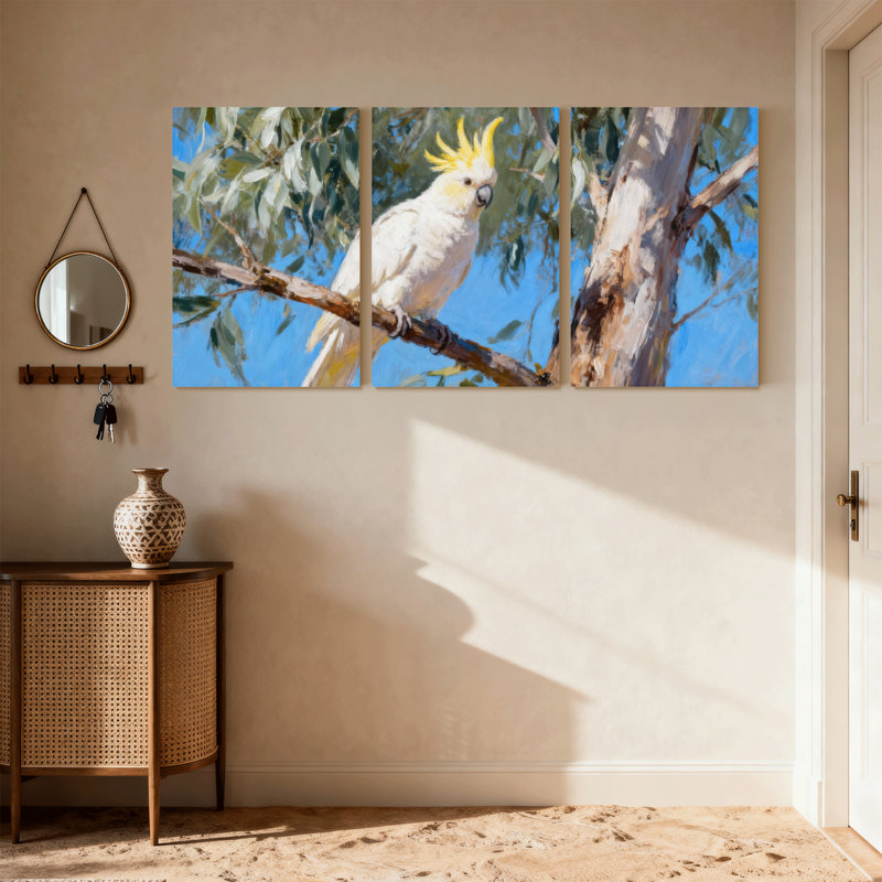 Oiseaux cacatoès perchés sur une branche d'arbre, fond de ciel bleu, ensemble de 3 impressions sur toile, H 24 po x l 48 po