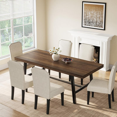 Table de salle à manger rectangulaire de style industriel/fermier pour 6 à 8 personnes, 2 m (78,7 po), plateau en bois imitation grain de bois, imperméable et résistant aux marques, structure robuste en acier avec pieds réglables, brun, 2 m