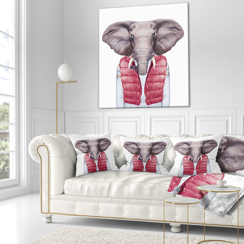 Éléphant en gilet et chandail - coussin imprimé animal, 18 po x 18 po, Coussin décoratif