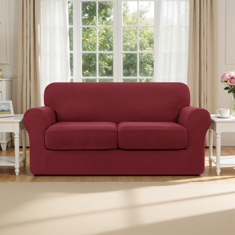 3 Piece Stretch Jacquard Couch Cover, Sofa Slipcover for 2 Cushion Couch, Machine Washable Furniture Protector(Loveseat, Wine)