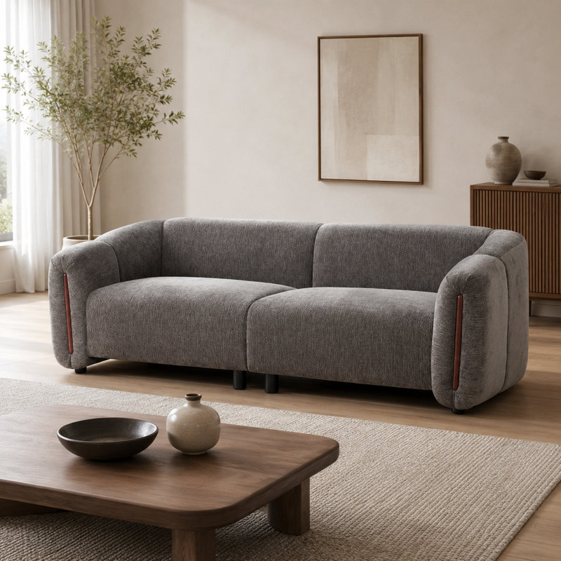 Canapé 3 places moderne incurvé de 222 cm de large, canapé profond rembourré avec larges accoudoirs et finitions en bois, canapé bas pour salon, gris
