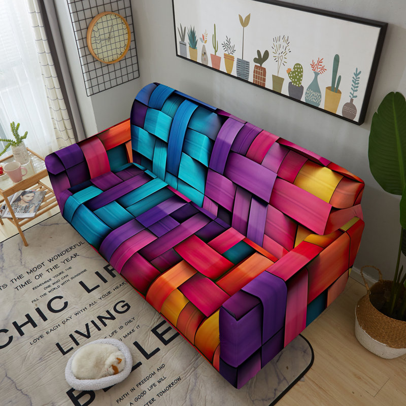 Housse extensible moderne à blocs de couleurs géométriques pour canapé deux places, microfibre 90 g/m², largeur 185 cm, lavable à la machine