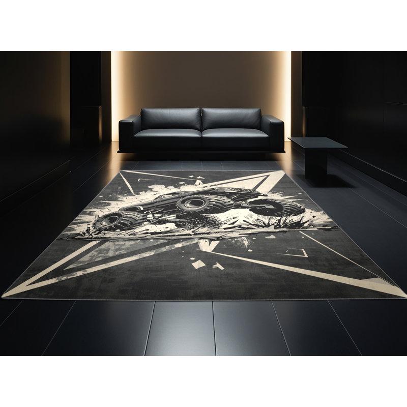 Tapis gris moelleux et éclectique à motif géométrique moelleux et doux à motif de camion, 6 X 9