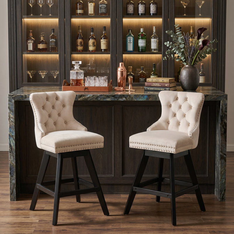 Set Of 2 Bar Stools,  Velvet Swivel Stools With Button Tufted Backs And Wood Legs, Chrome Nailhead Trim Accent, Beige