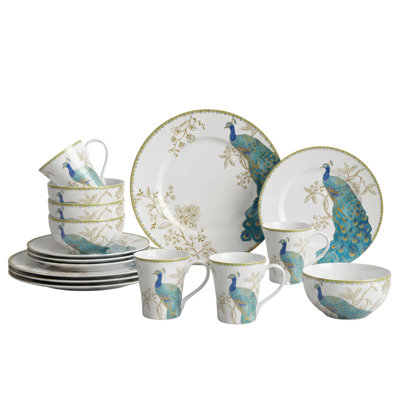 222 Fifth Peacock Garden 16-Piece Blue Porcelain Dinnerware Set - Service For 4, Gold Peacock Design