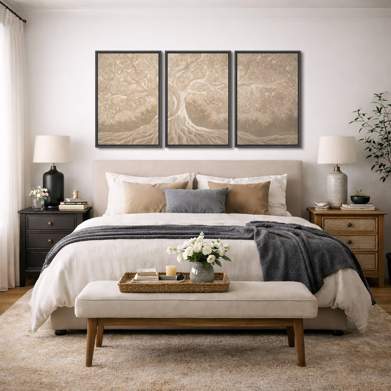 Neutral Beige Tree with Flowing Roots and Branches - Extra Large Pictures Framed Canvas Print 3 Pieces Wall Art, Black Frame