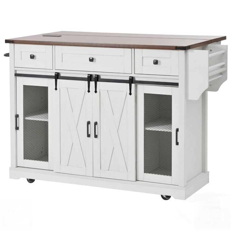 Îlot de cuisine de ferme polyvalent avec rangement, porte de grange coulissante, côté grille métallique et abattant, parfait pour les cuisines modernes et rustiques.