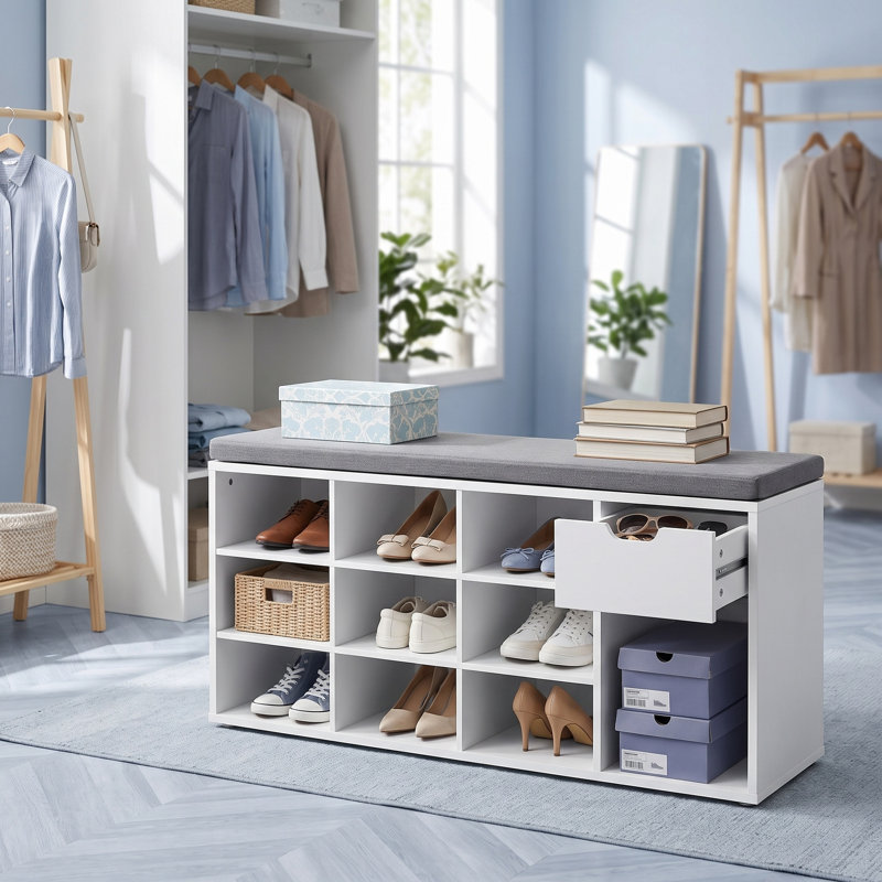 10 Pair Shoe Storage Bench With Drawer, White/Gray