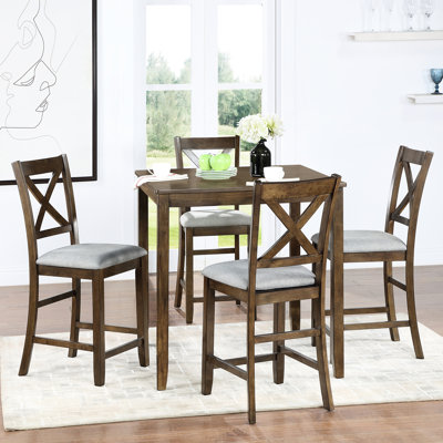 Table de salle à manger 5 pièces en noyer, carré à hauteur de comptoir avec 4 chaises rembourrées, fonctionnelle en noyer et chaises pour manger dans un espace limité