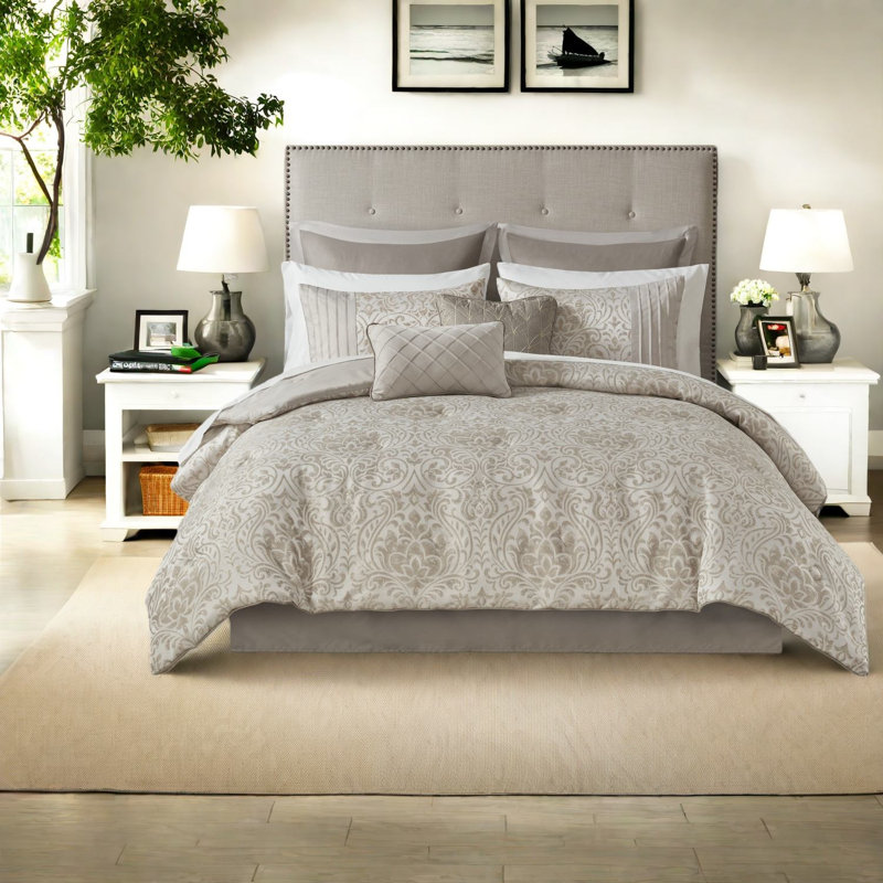 Luxury Khaki Bedding Sets, Polyester Jacquard With Elegant Damask For Home