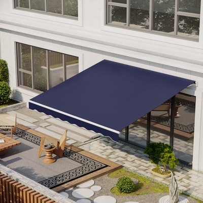 12' x 10' Electric Awning, Retractable Awning, UV Protection Sun Shade Shelter with Remote Controller and Manual Crank Handle for Deck, Balcony, Yard, Dark Blue