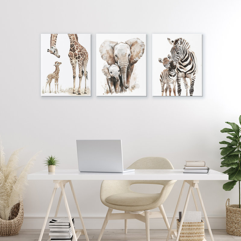 Ensemble de 3 toiles Jungle Animal Babies with Mothers, design par Ramona Murdock, H 20 po x l 48 po