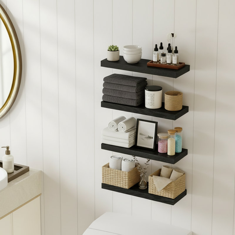 Black Country-Style Wooden Wall-Mounted Shelving Set (4 Pieces), Suitable For Bathrooms, Living Rooms, Bedrooms, And Kitchens; Multi-Functional For Storage, Book Display, And Decoration.