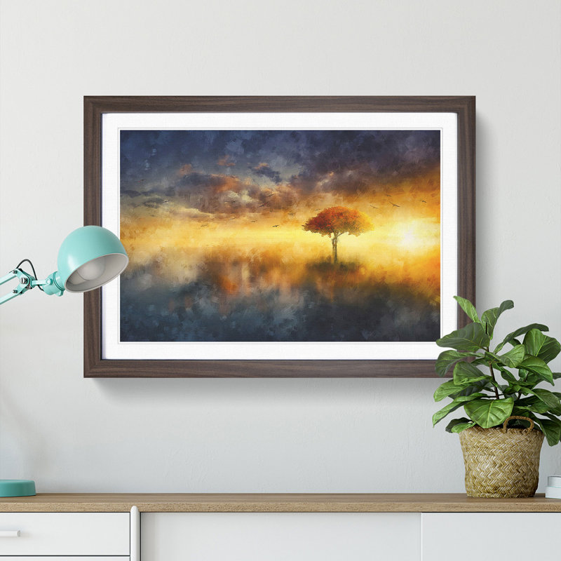 Flying Birds over a Lone Tree - Picture Frame Graphic Art Print, 45cm H x 63cm W x 2cm D, Walnut Framed