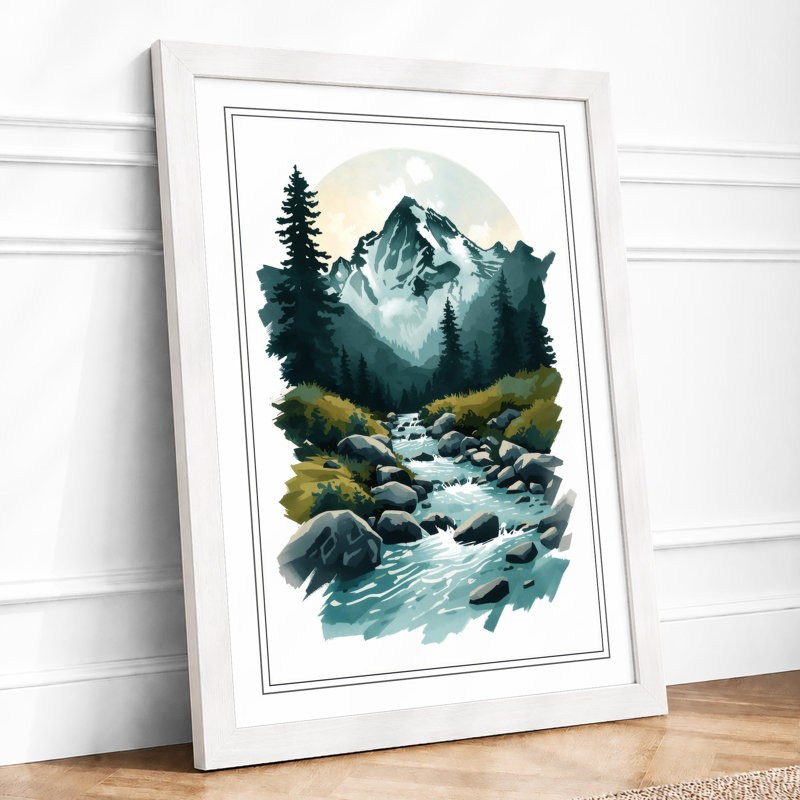 Mountain And Stream Scandinavian - Print, A2 - 59.4 x 42.0 cm, White