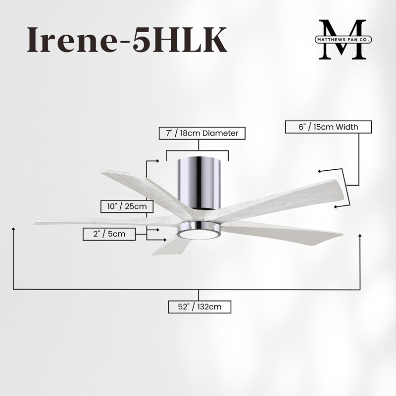 Irene Flushmount Light Kit 5 Blade LED Ceiling Fan, Polished Chrome, Matte White, 52"