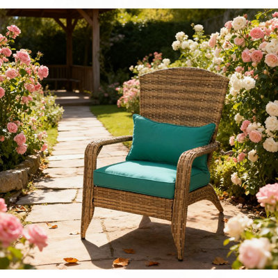 Chaise haute à dossier courbé, chaise Adirondack de patio avec osier en rotin, coussins moelleux
