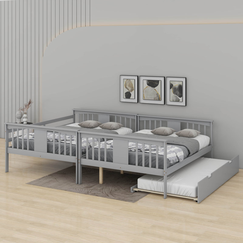 Full Over Full Bunk Bed With Twin Size Trundle And Ladder, Gray