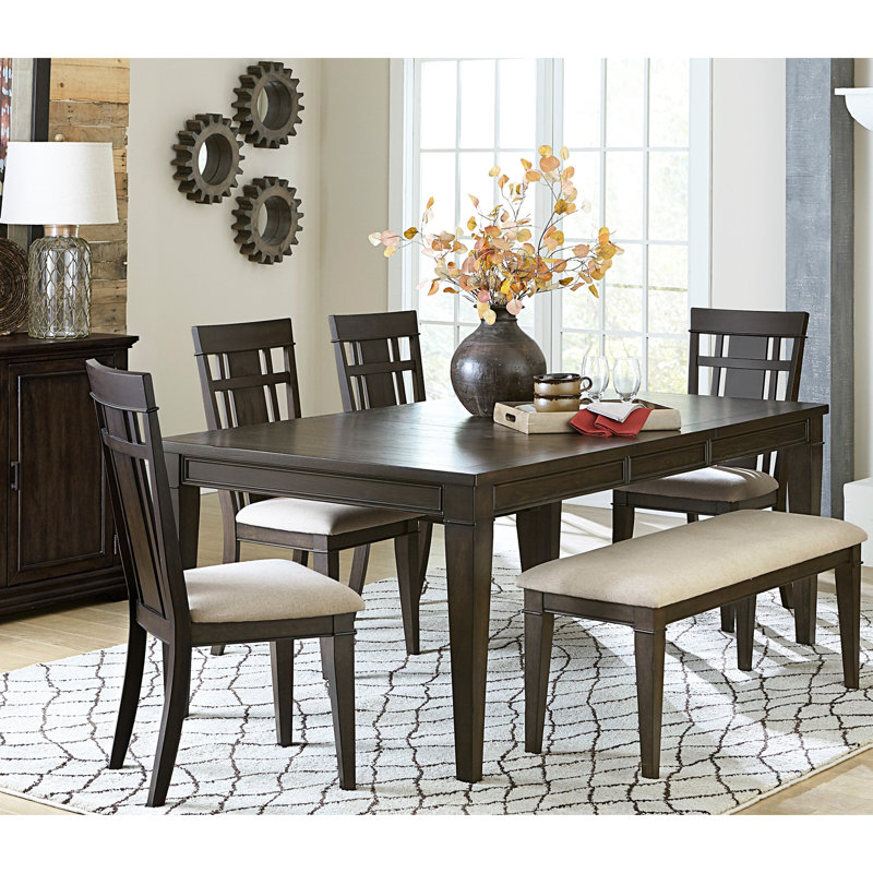 Banc en bois brun foncé de 48 pouces avec siège rembourré en tissu beige pour les repas et le textile