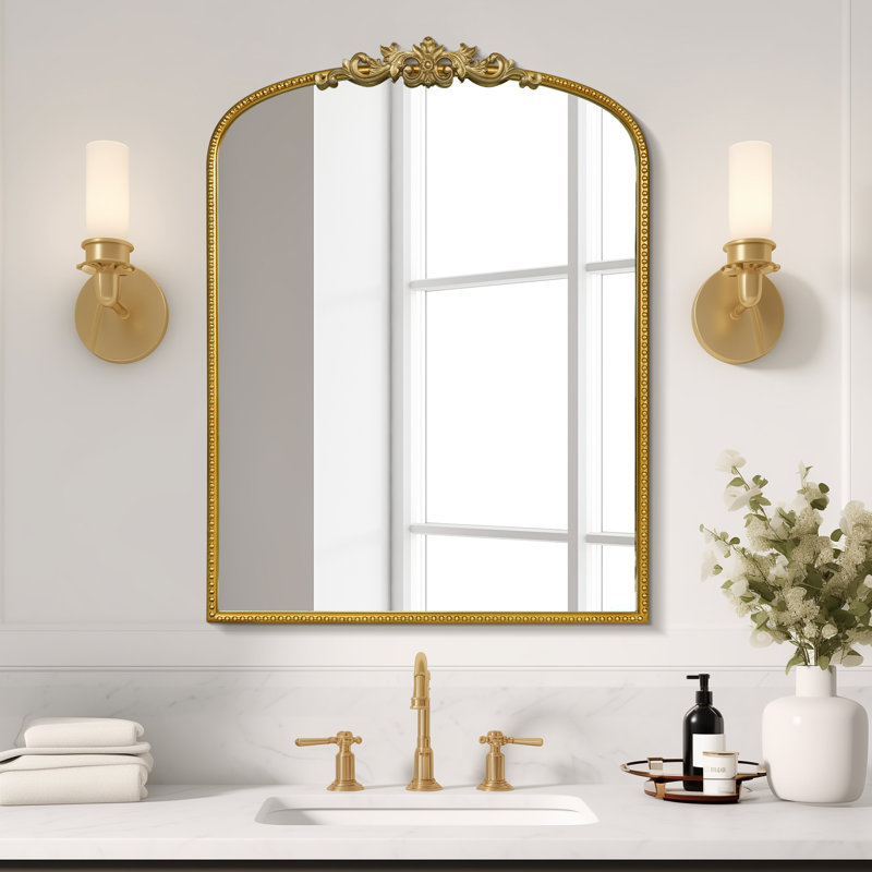 Vintage Floral Arch Iron Frame Mirror, 24" x 32", Gold