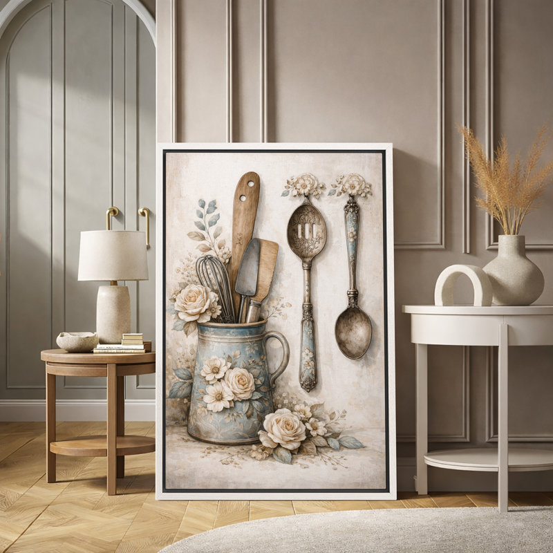 «Vintage Kitchen Utensils Floral Still Life», images de cuisine, impression sur toile encadrée, impression numérique