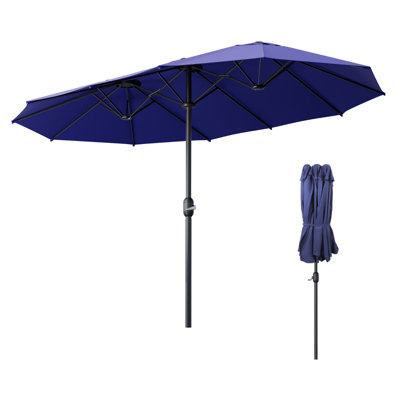 15' Large Patio Umbrella with Blue Polyester Fabric, Outdoor Double-Sided Rectangle Market Table Umbrella with Push Button Crank Handle, Outside Umbrellas with Steel Ribs
