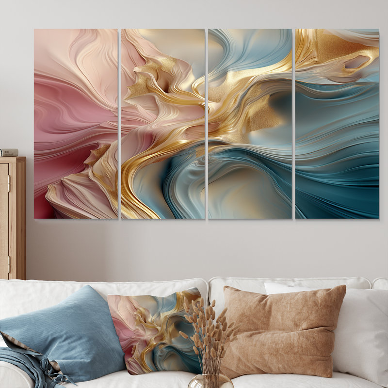 «Pastel liquide», art mural abstrait bleu pastel rose et or moderne pour le salon, 4 pièces, H 28 po x l 48 po