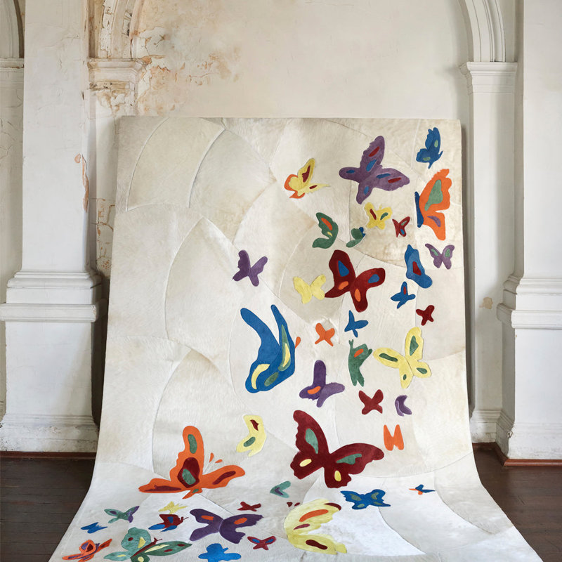 Mariposa Cowhide Area Rug in Ivory/Orange/Yellow/Blue, Rectangle 7' x 10'