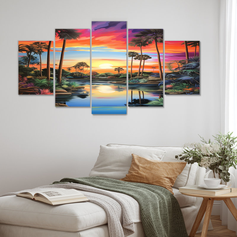 Coucher de soleil, oasis tropicale avec palmiers - ensemble d'art mural 5 pièces, H 32 po x l 60 po
