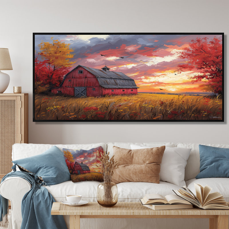 «Autumn Red Barn Breeze II» - reproduction d'art murale grange, Toile avec cadre flottant noir, H 28 po x l 60 po x P 1,5 po