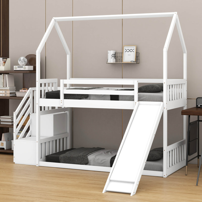 Multifunctional Twin Over Twin Wood House Shaped Bunk Bed With Convertible Slide And Storage Staircase, White