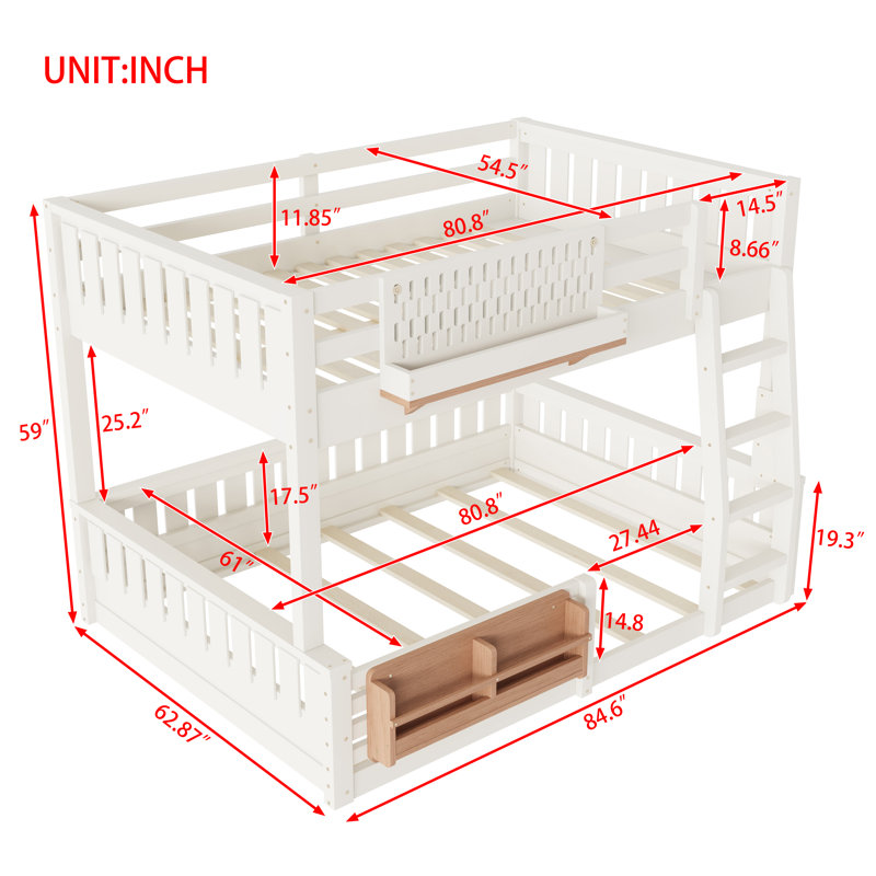 Full XL over Queen Bunk Bed with Ladder, Guardrails, Pegboard & Bookshelf, Beige, Beige, Full XL Over Queen
