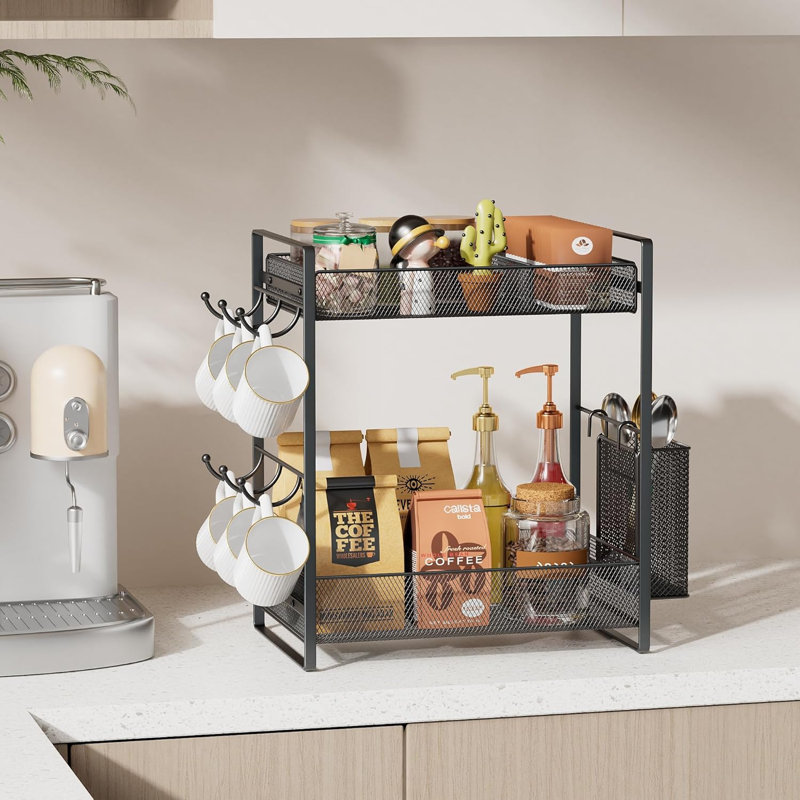 Organisateur de bar à café avec porte-gobelet, organisateur de station de café en métal pour comptoir, porte-gobelet à 2 niveaux avec panier pour cuisine, noir