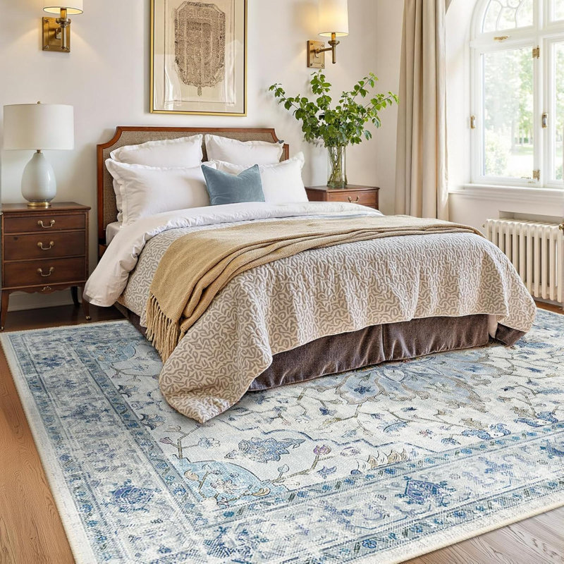 Rectangle 90 cm x 150 cm Floral Knitted Washable Area Rug, Blue/Grey