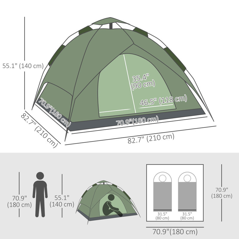 Tente de camping, tente familiale pour 3 personnes avec sac de transport, vert foncé