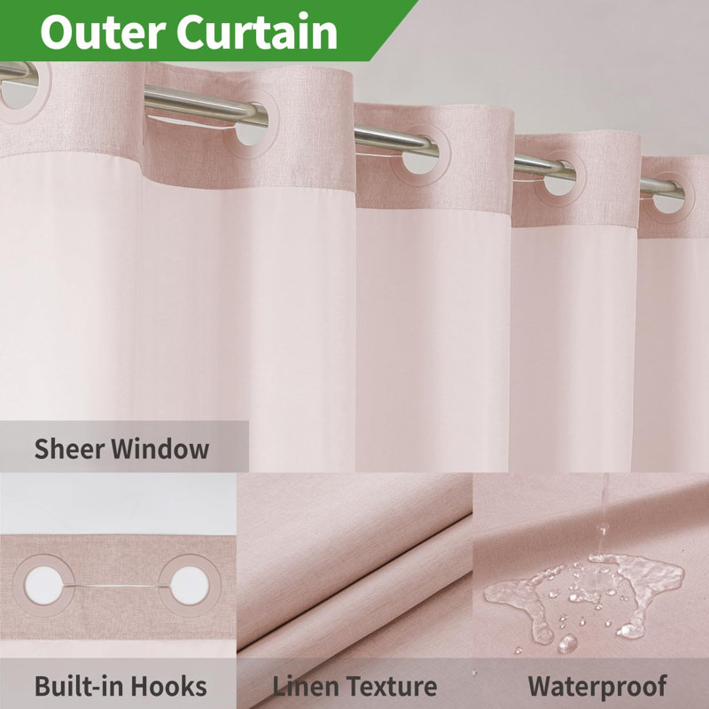Blush Linen Textured Hookless Shower Curtain with Snap-in Fabric Liner