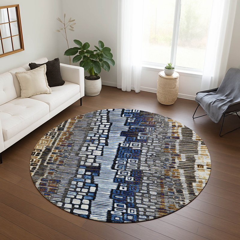 Machine Washable Indoor/Outdoor Huseby ACN2268 Geometric Rug, Round 8'