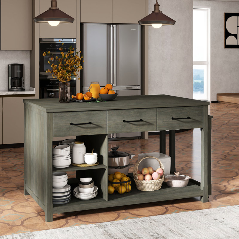 Îlot de cuisine extensible - gris. Rangement avec tiroirs et tablettes ouvertes, bloc d'alimentation intégré pour Grey By. Prises de courant Utilisation pratique