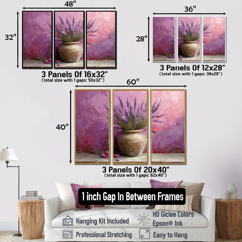 Ireene - Ensemble d'art mural lavande, Toile avec cadre flottant noir, H 40 po x l 60 po x P 1 po